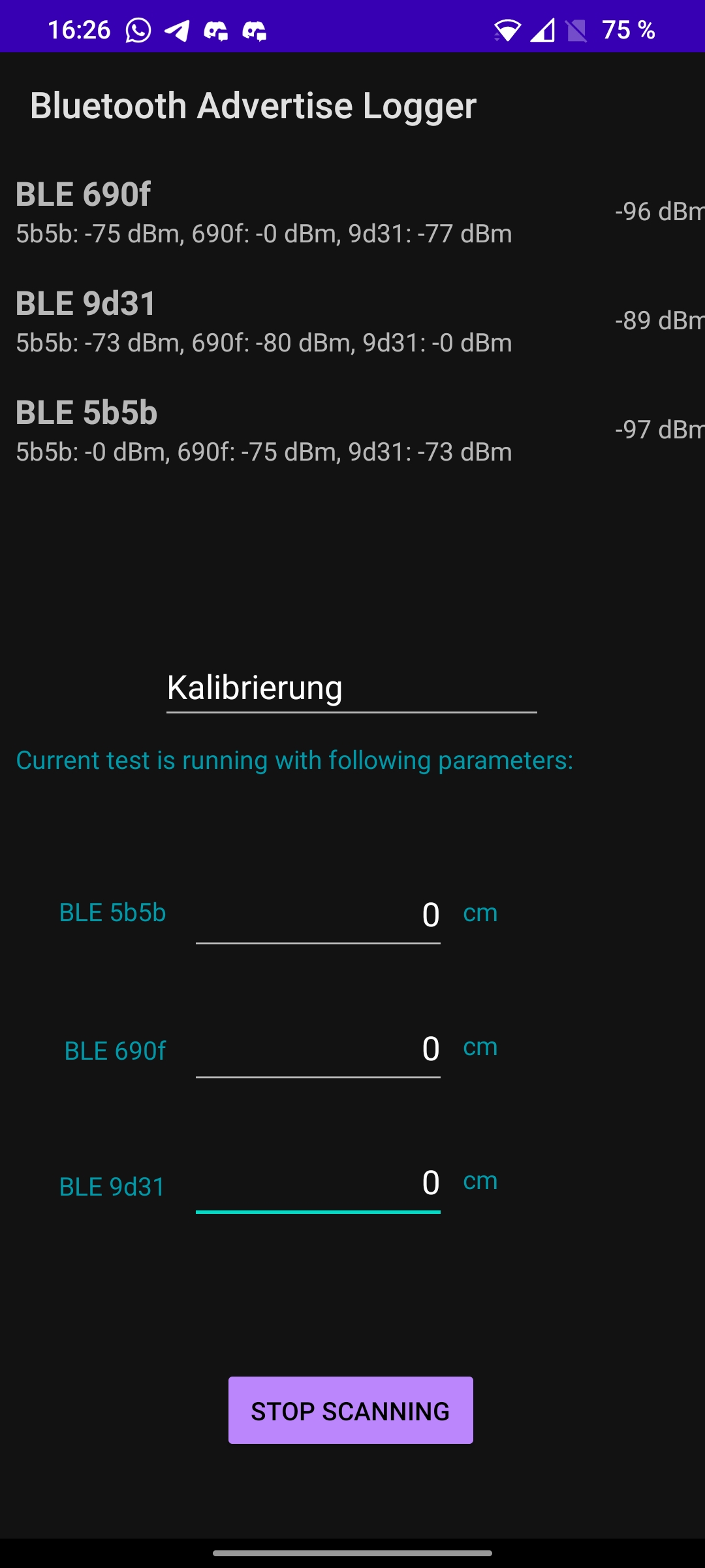 Screenshot der Smartphone-Testanwendung: Bluetooth Advertising Logger. \label{fig:appfrontend}