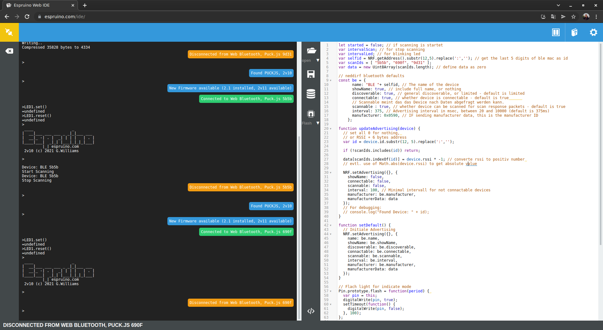 Screenshot der Espruino \ac{ide} im Chrome Browser. \label{fig:ide}